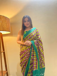 Rama green ikkat print cotton saree with blouse