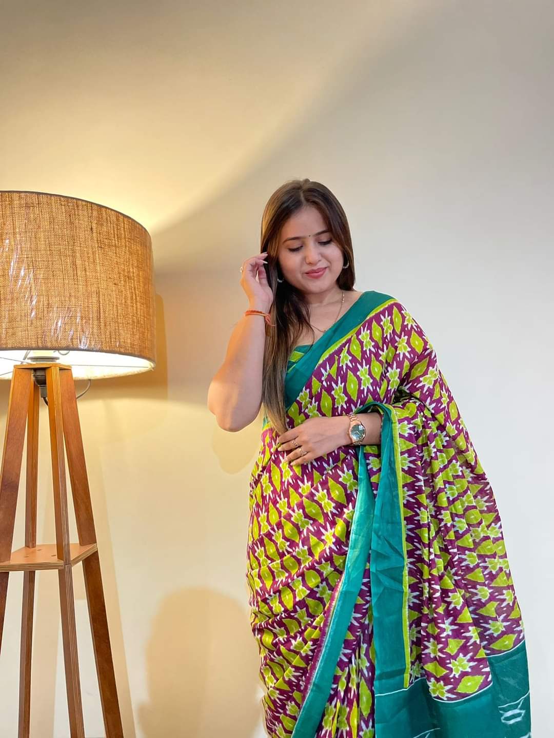 Rama green ikkat print cotton saree with blouse