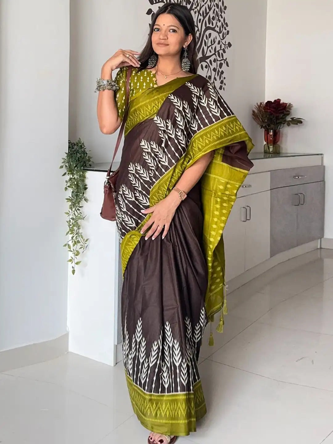 Traditional Ethnic Design Brown Printed Saree