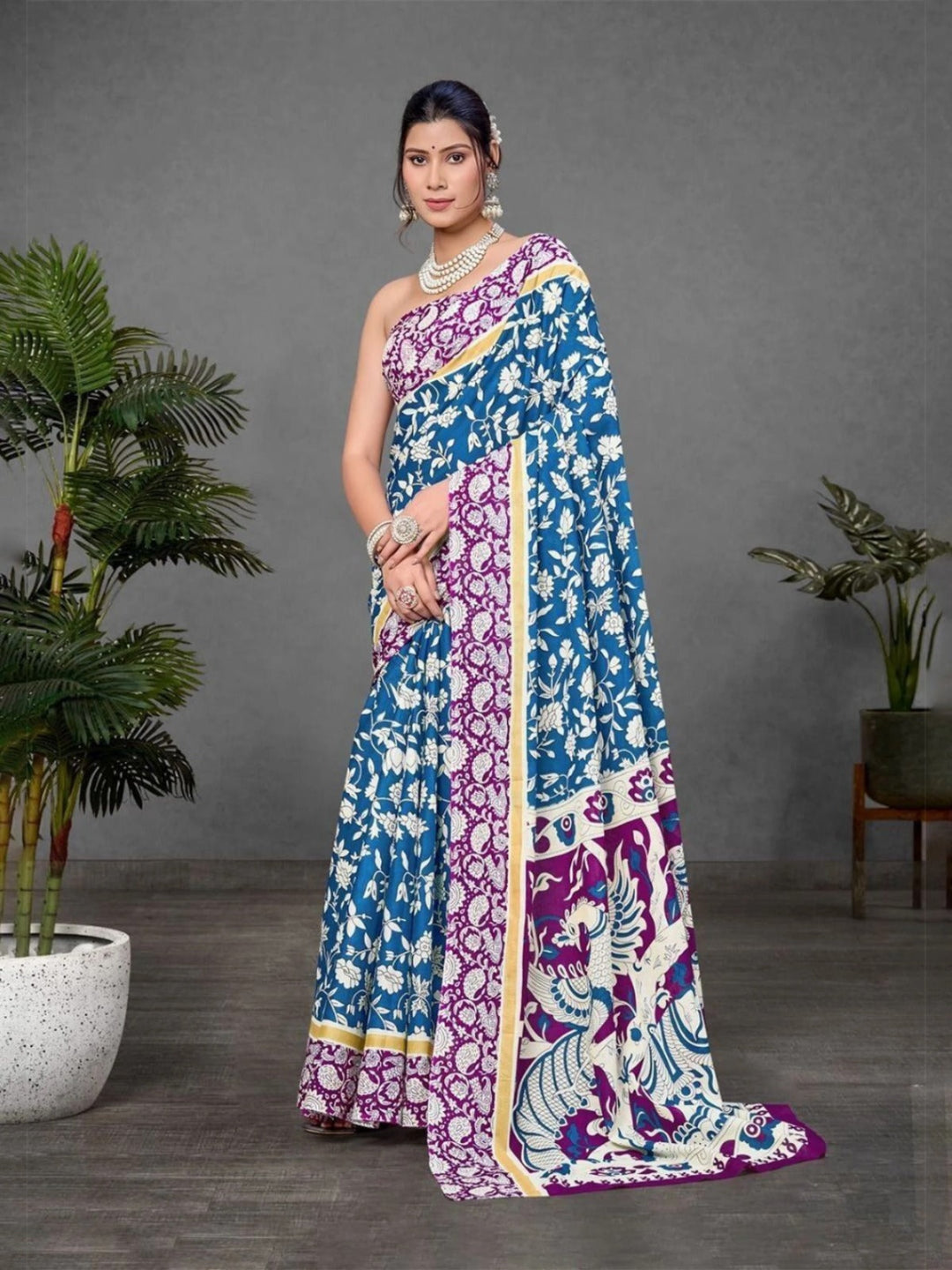 Beige Mulmul Cotton Saree with Maroon Block Print