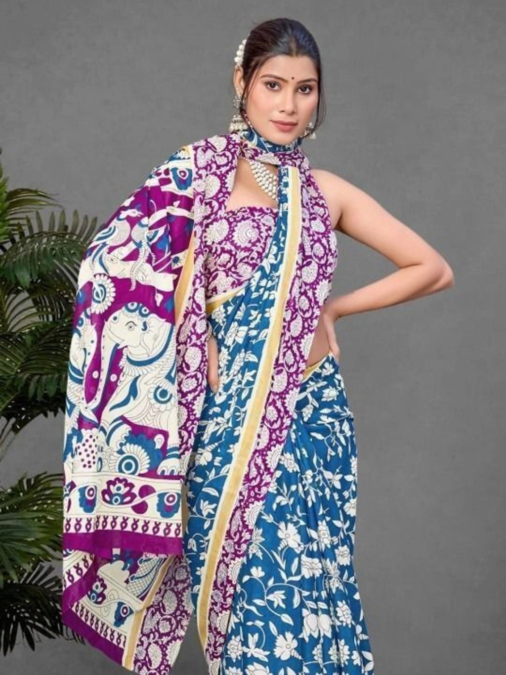 Beige Mulmul Cotton Saree with Maroon Block Print