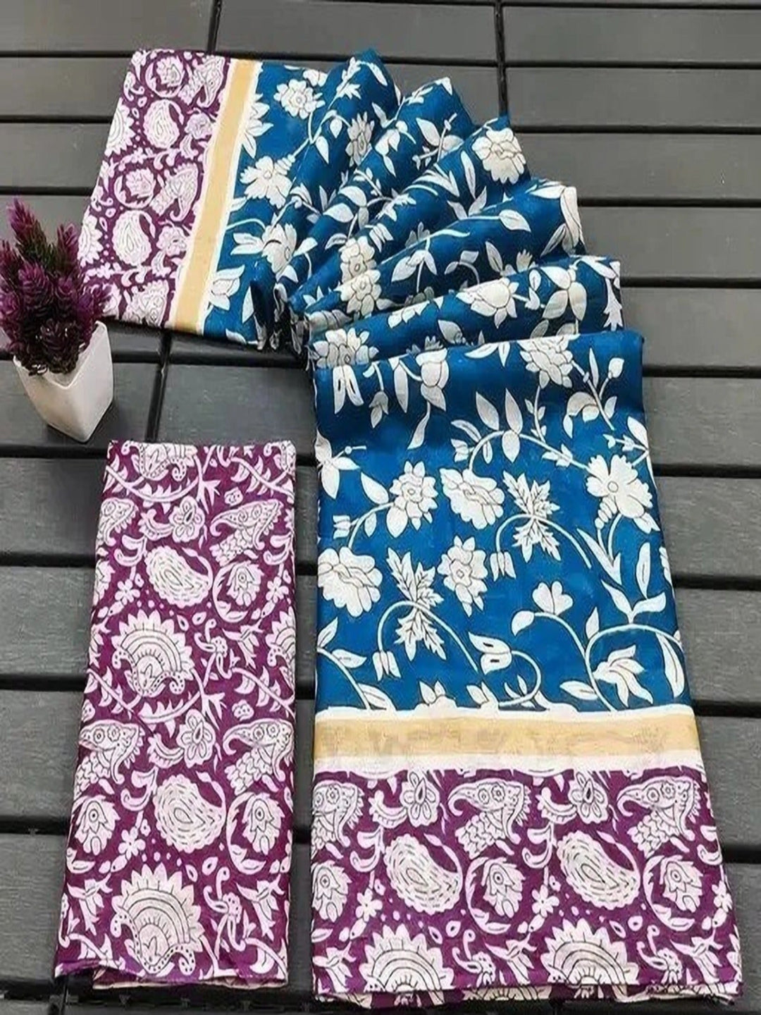 Beige Mulmul Cotton Saree with Maroon Block Print