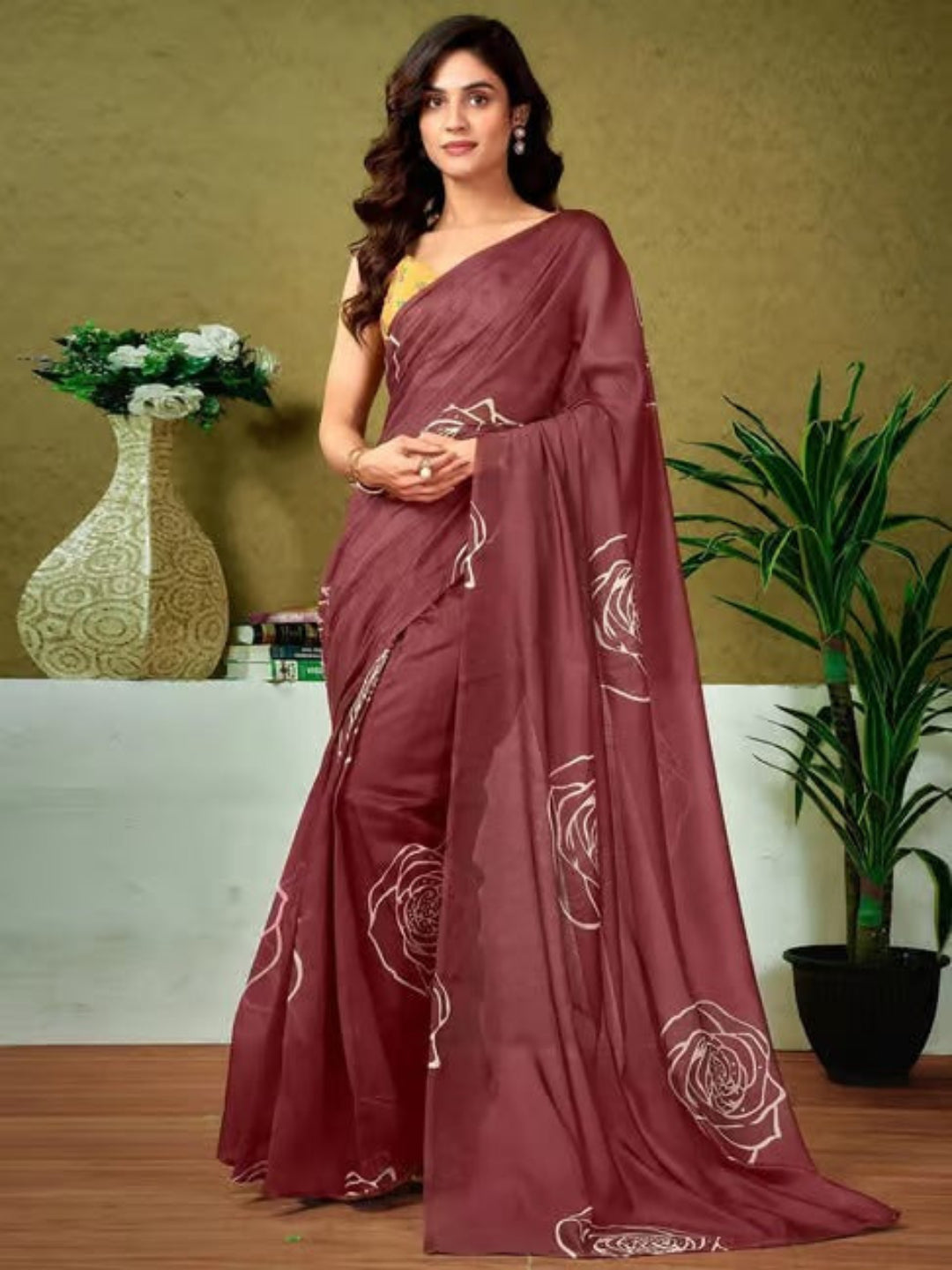 Beige Mulmul Cotton Saree with Maroon Block Print
