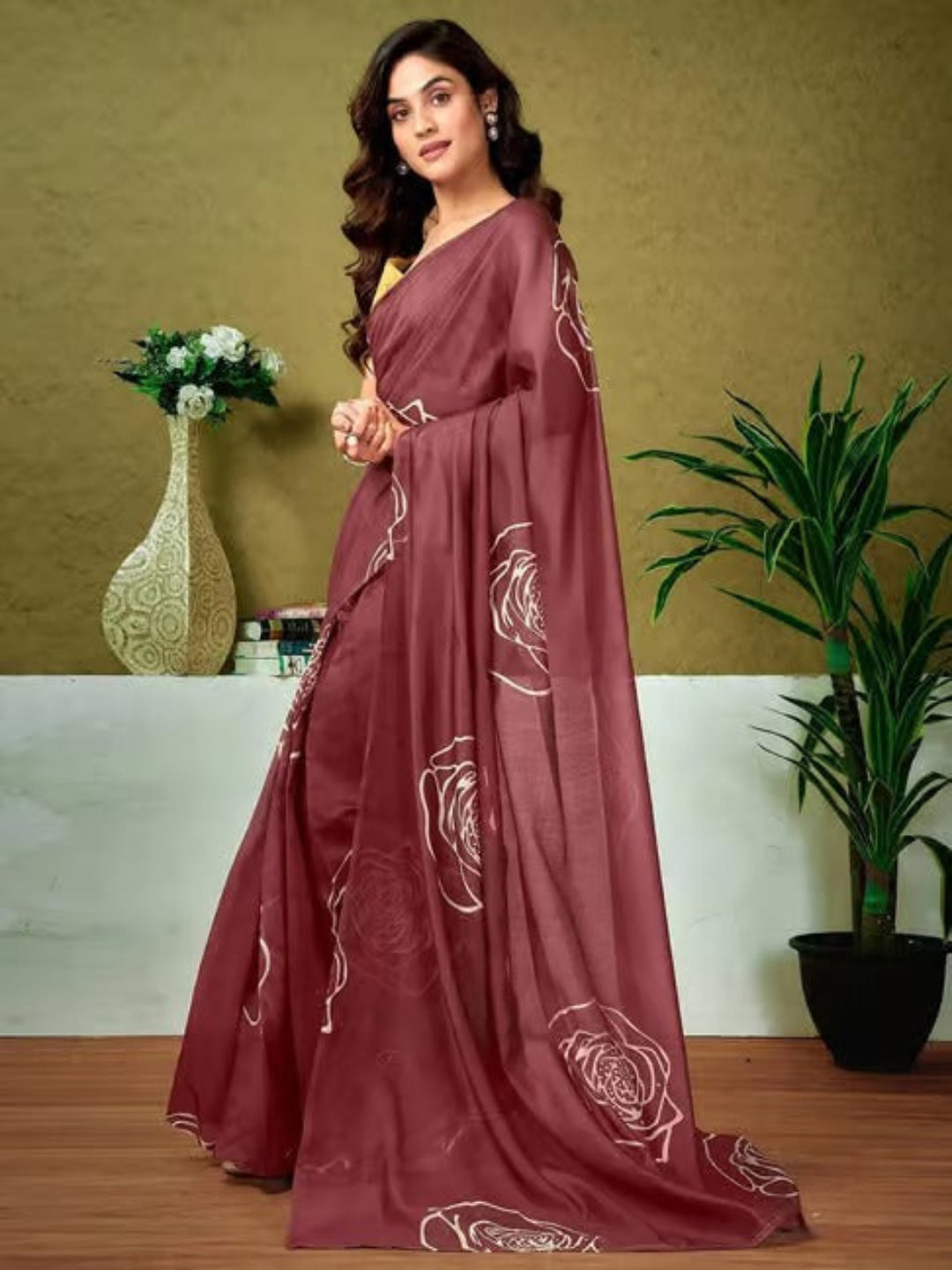 Beige Mulmul Cotton Saree with Maroon Block Print