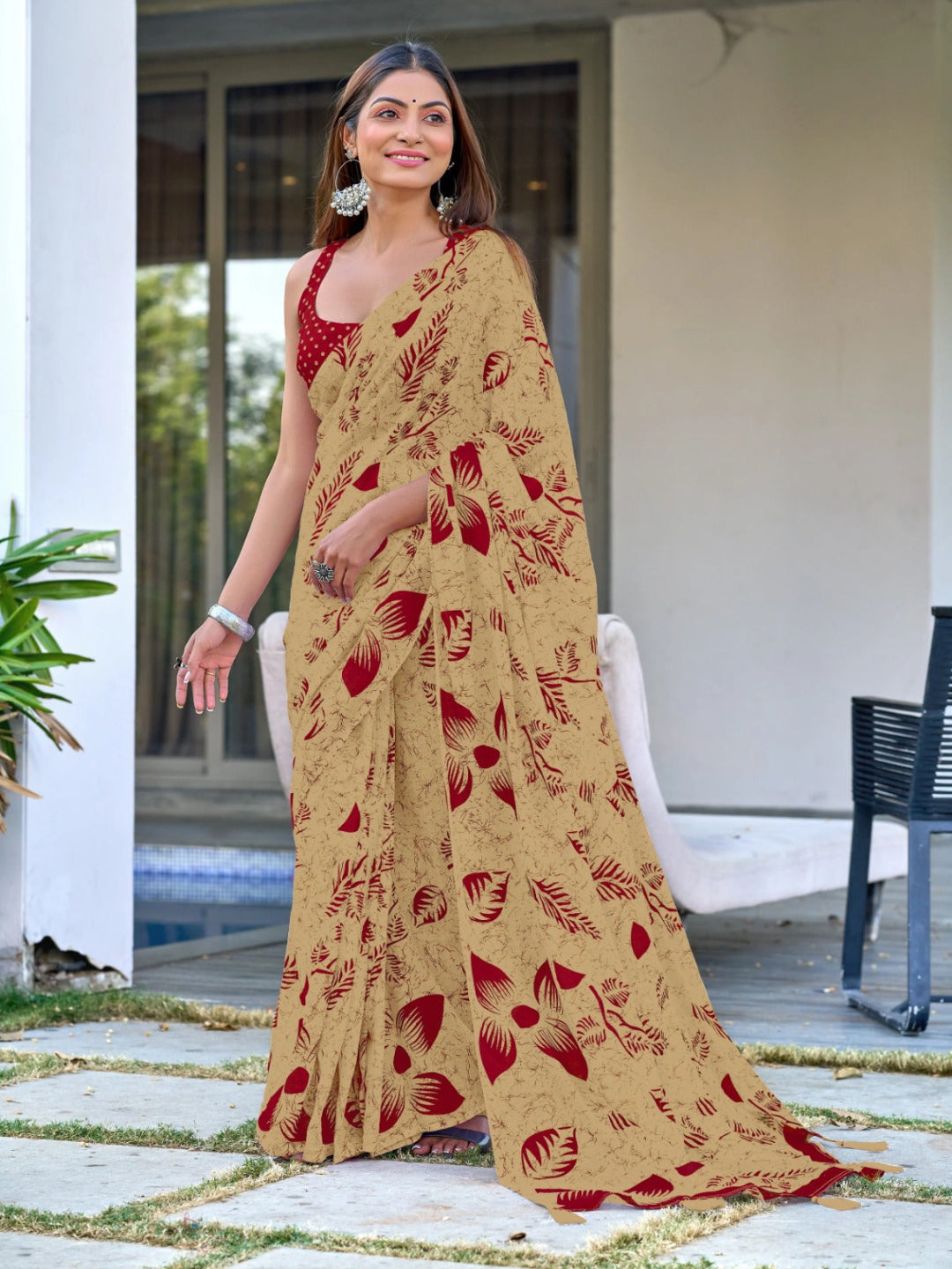 Beige Mulmul Cotton Saree with Maroon Block Print