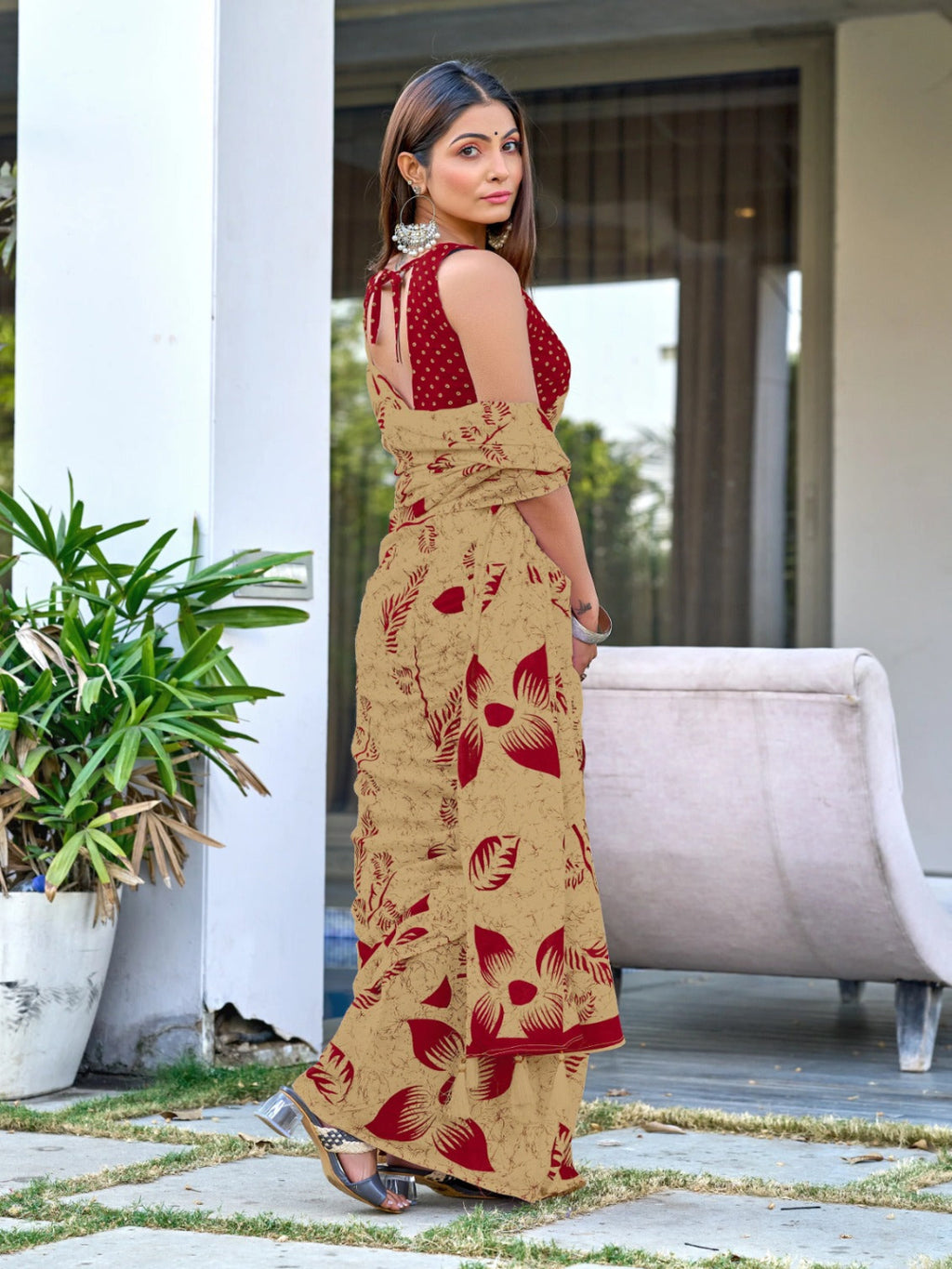 Beige Mulmul Cotton Saree with Maroon Block Print