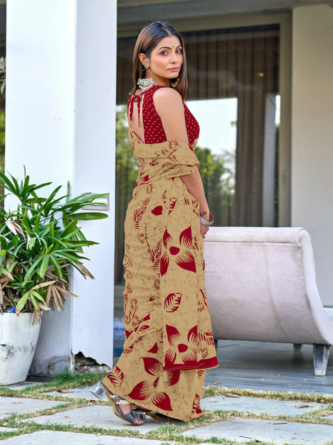 Beige Mulmul Cotton Saree with Maroon Block Print