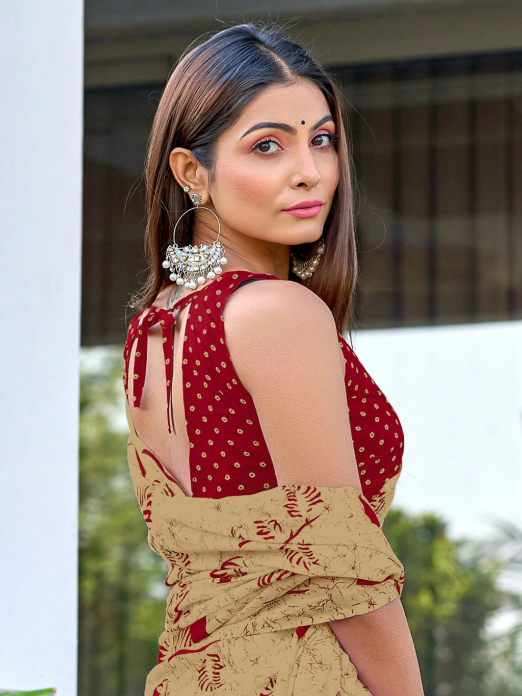 Beige Mulmul Cotton Saree with Maroon Block Print