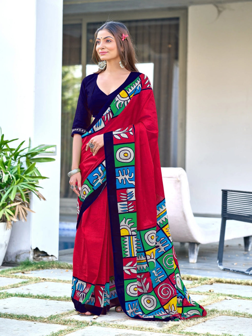 Beige Mulmul Cotton Saree with Maroon Block Print