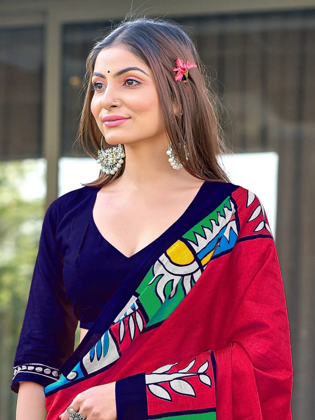 Beige Mulmul Cotton Saree with Maroon Block Print