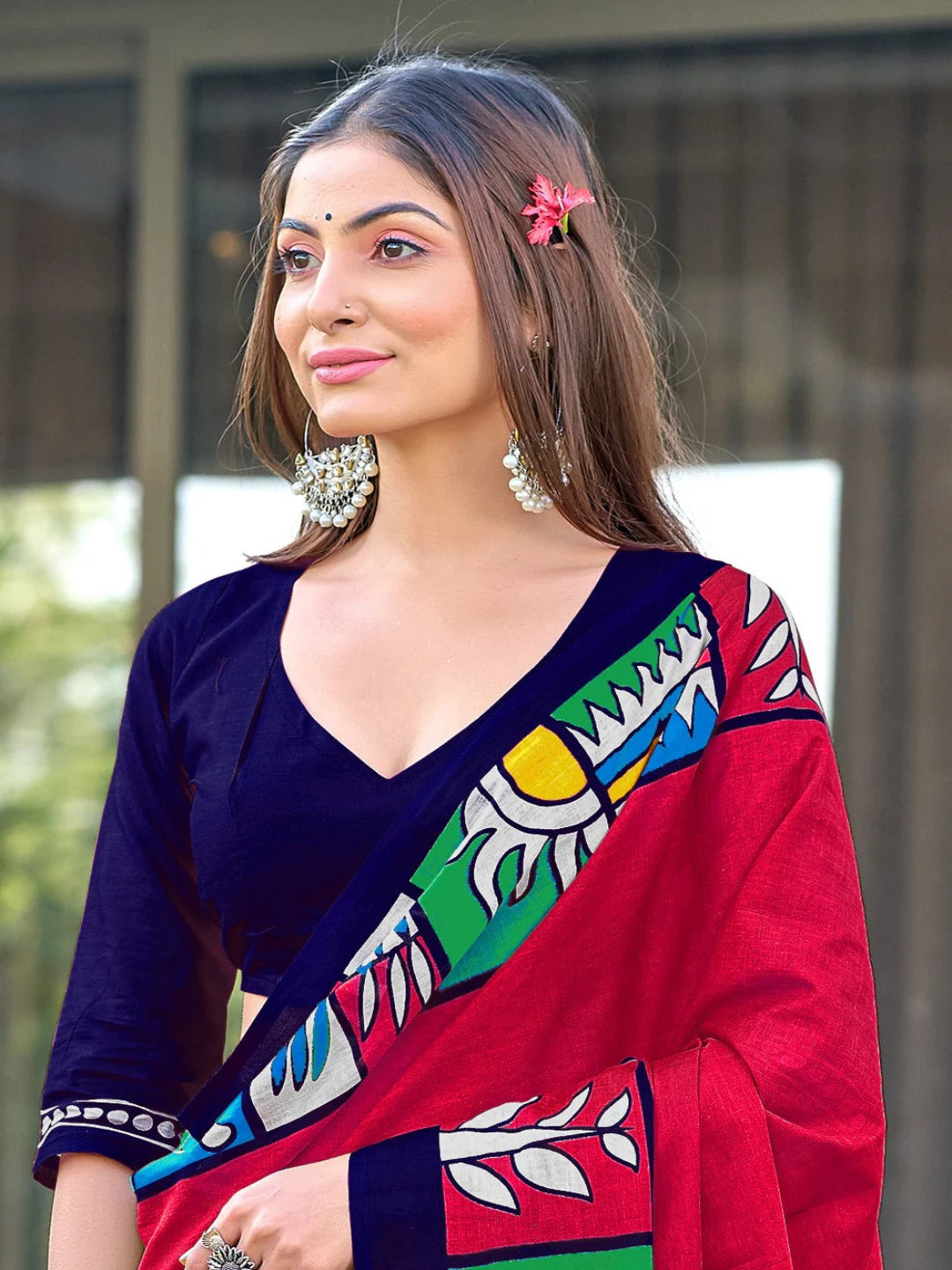 Beige Mulmul Cotton Saree with Maroon Block Print