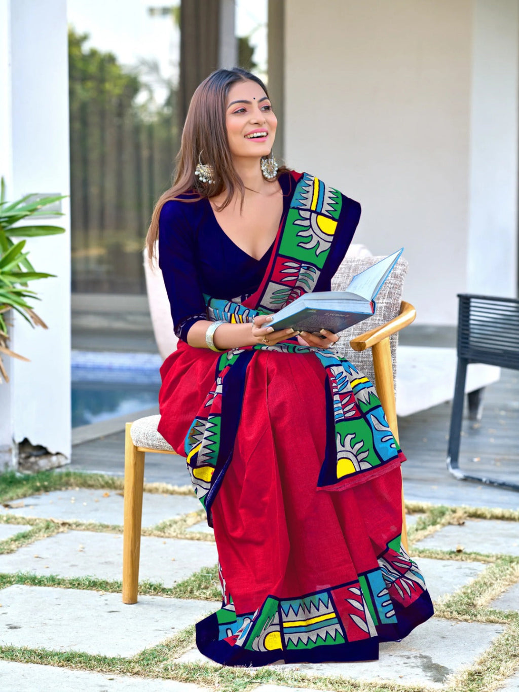 Beige Mulmul Cotton Saree with Maroon Block Print