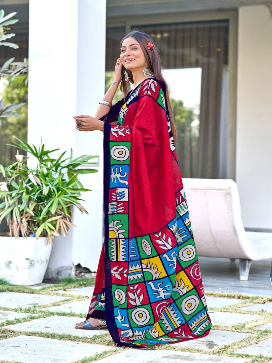 Beige Mulmul Cotton Saree with Maroon Block Print