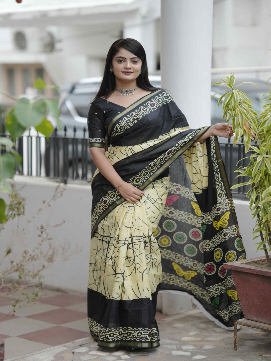 Crimson Hand-Block Chander Red colour cotton saree