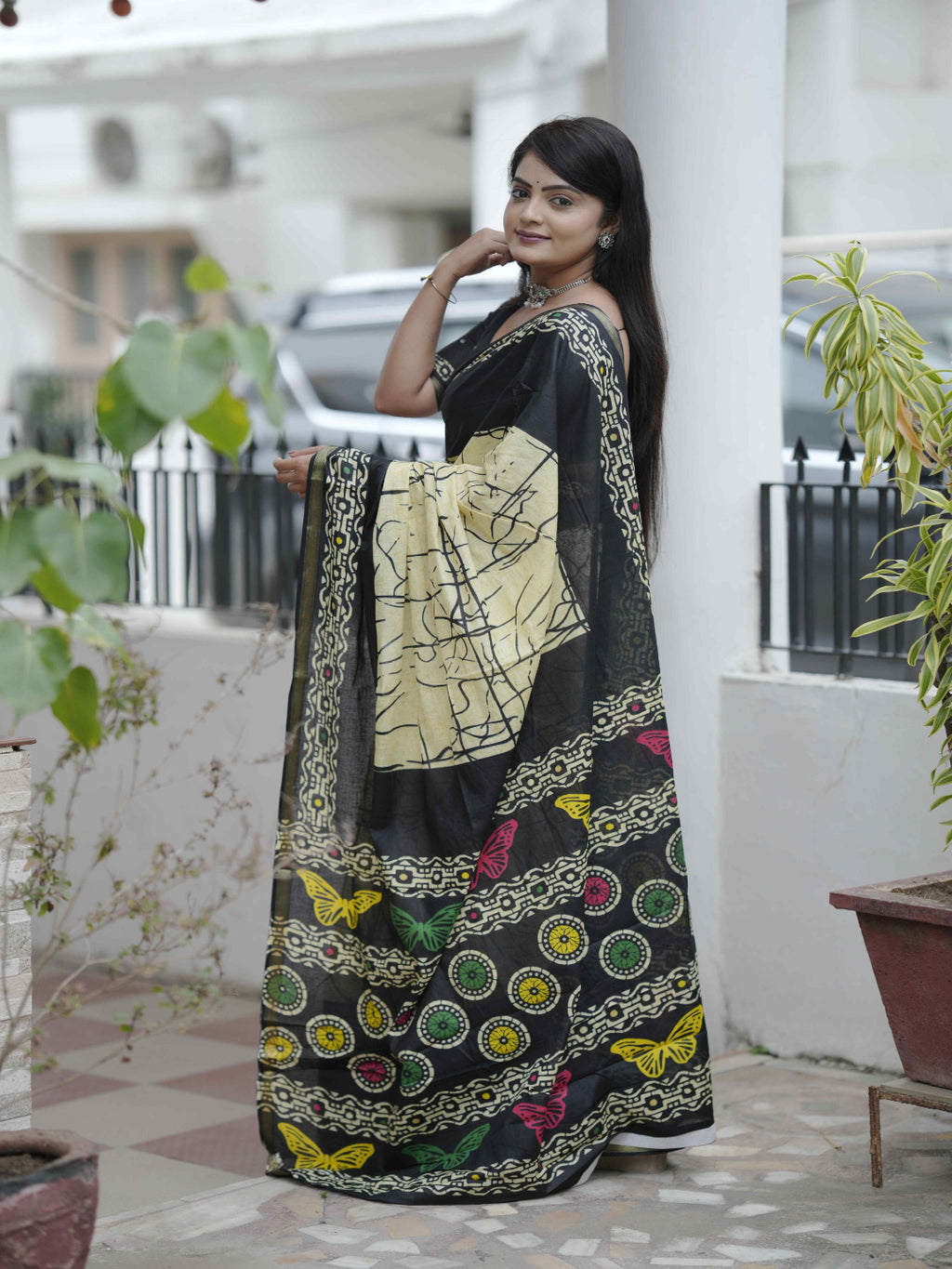Crimson Hand-Block Chander Red colour cotton saree