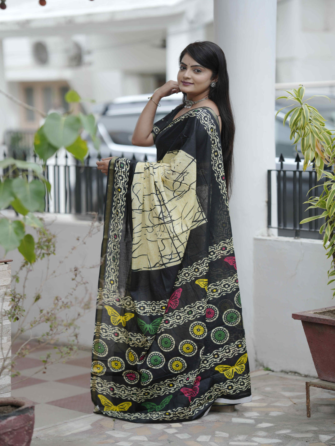 Crimson Hand-Block Chander Red colour cotton saree