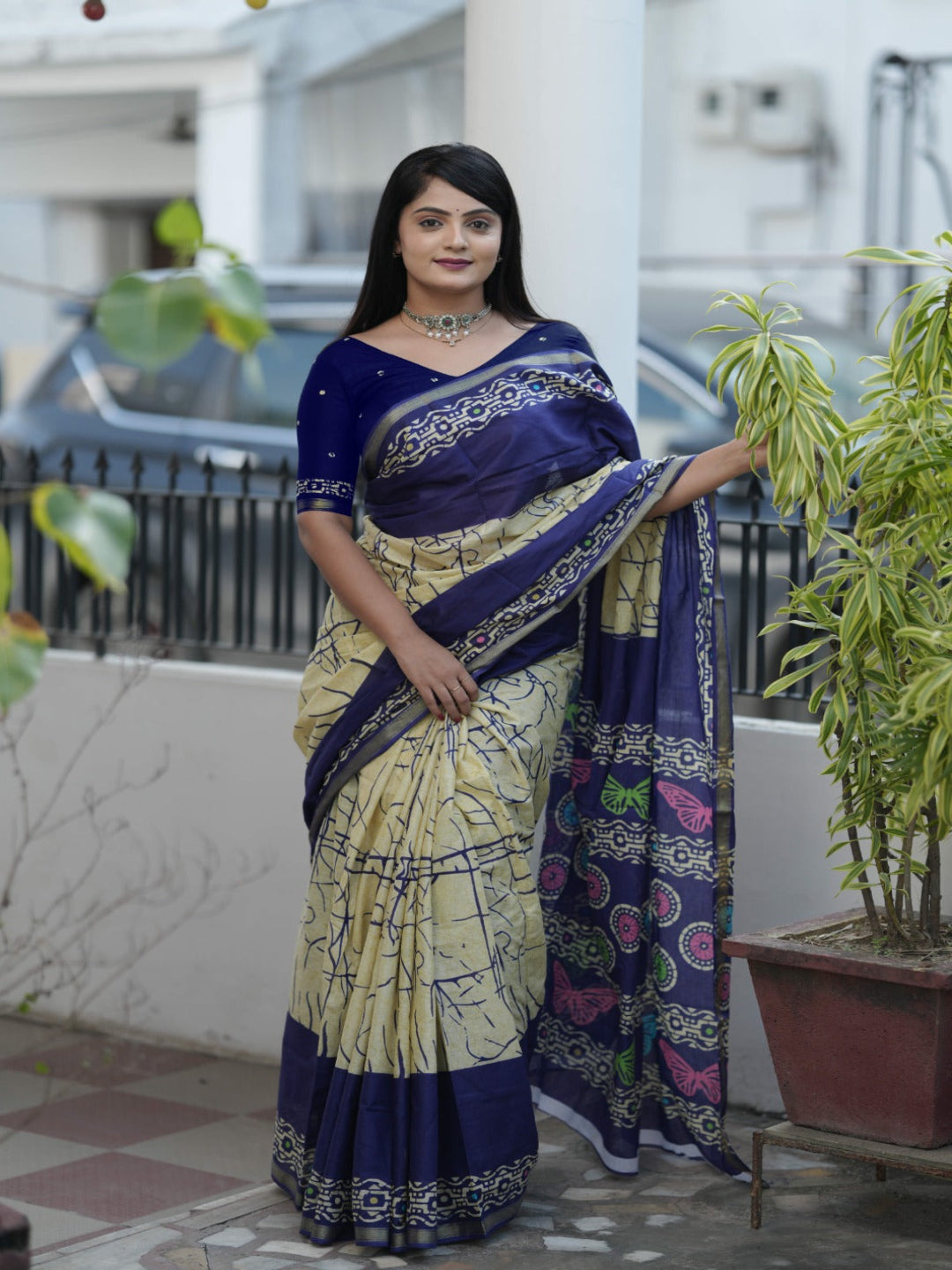 Crimson Hand-Block Chander Red colour cotton saree
