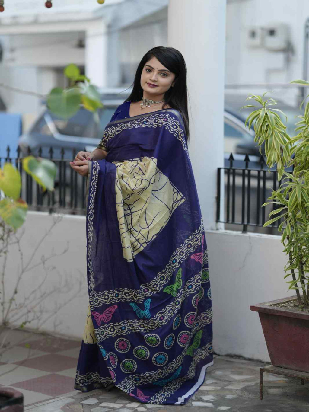 Crimson Hand-Block Chander Red colour cotton saree