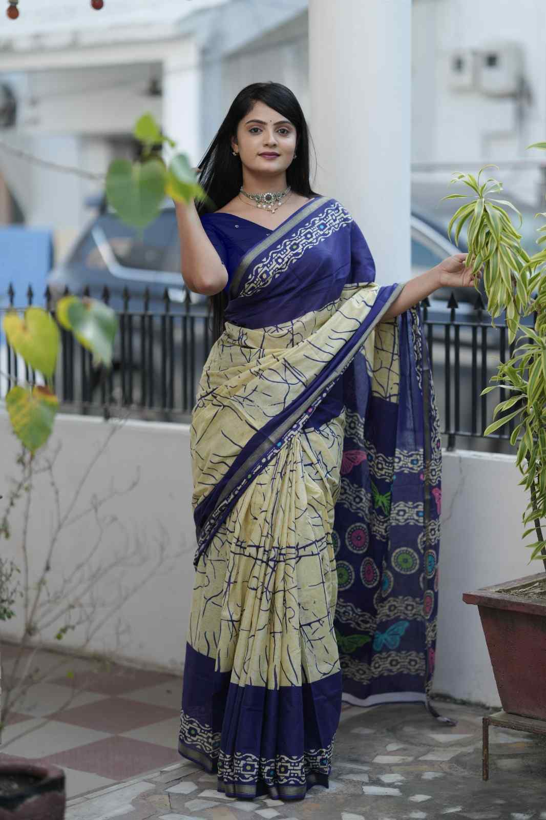 Crimson Hand-Block Chander Red colour cotton saree
