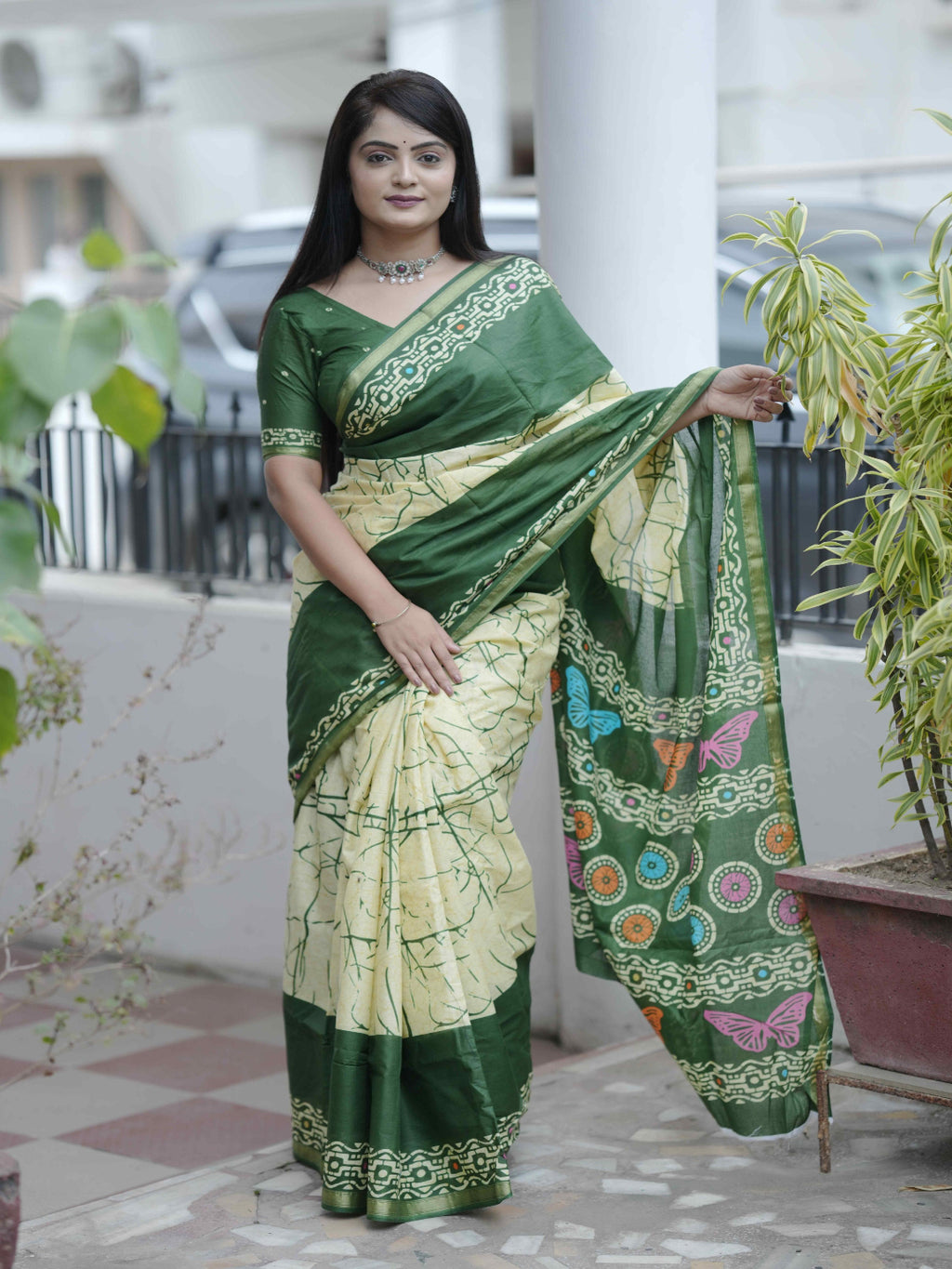 Crimson Hand-Block Chander Red colour cotton saree