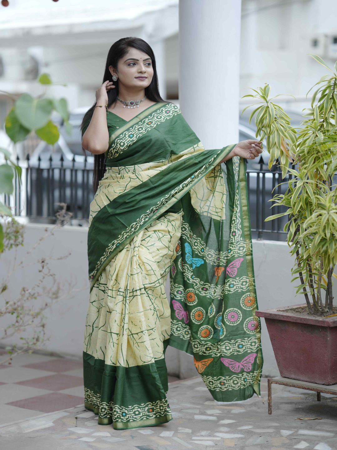 Crimson Hand-Block Chander Red colour cotton saree