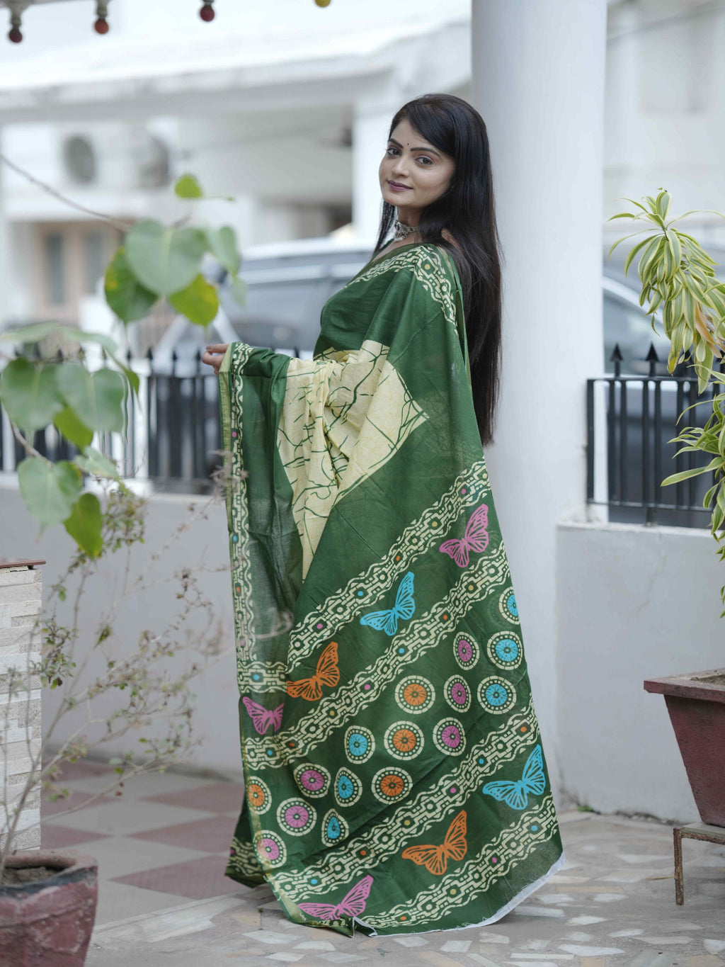 Crimson Hand-Block Chander Red colour cotton saree