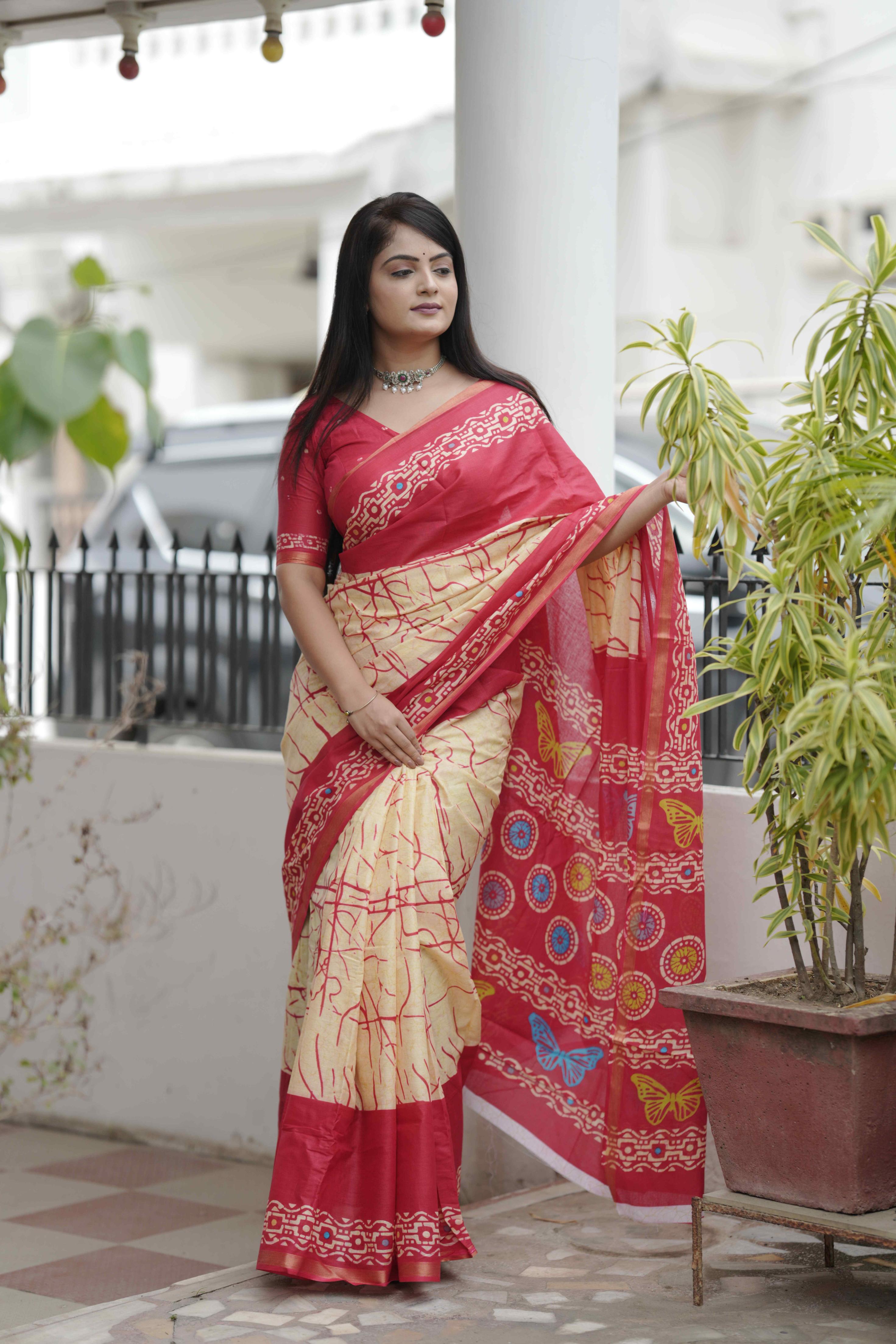 Crimson Hand-Block Chander Red colour cotton saree