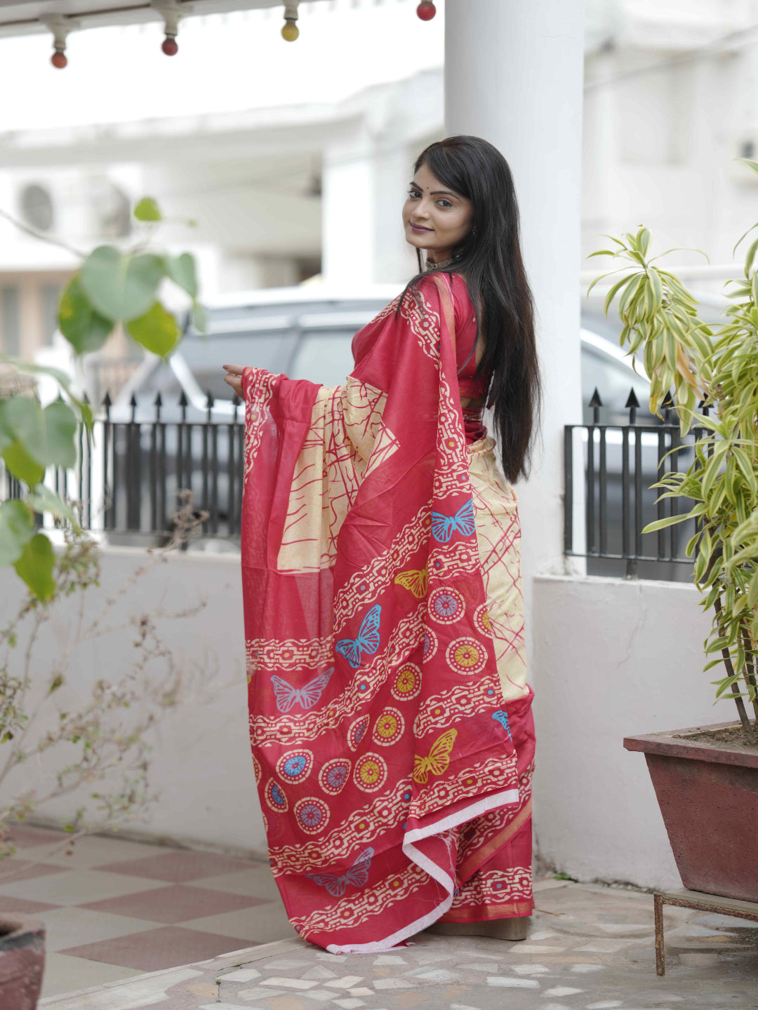 Crimson Hand-Block Chander Red colour cotton saree