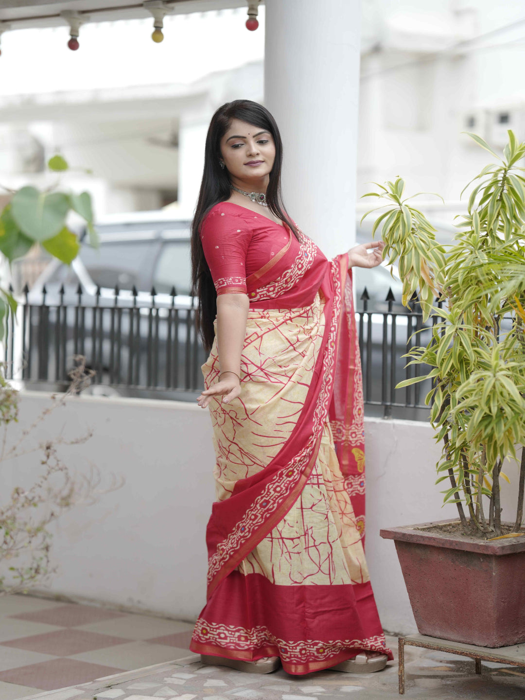 Crimson Hand-Block Chander Red colour cotton saree