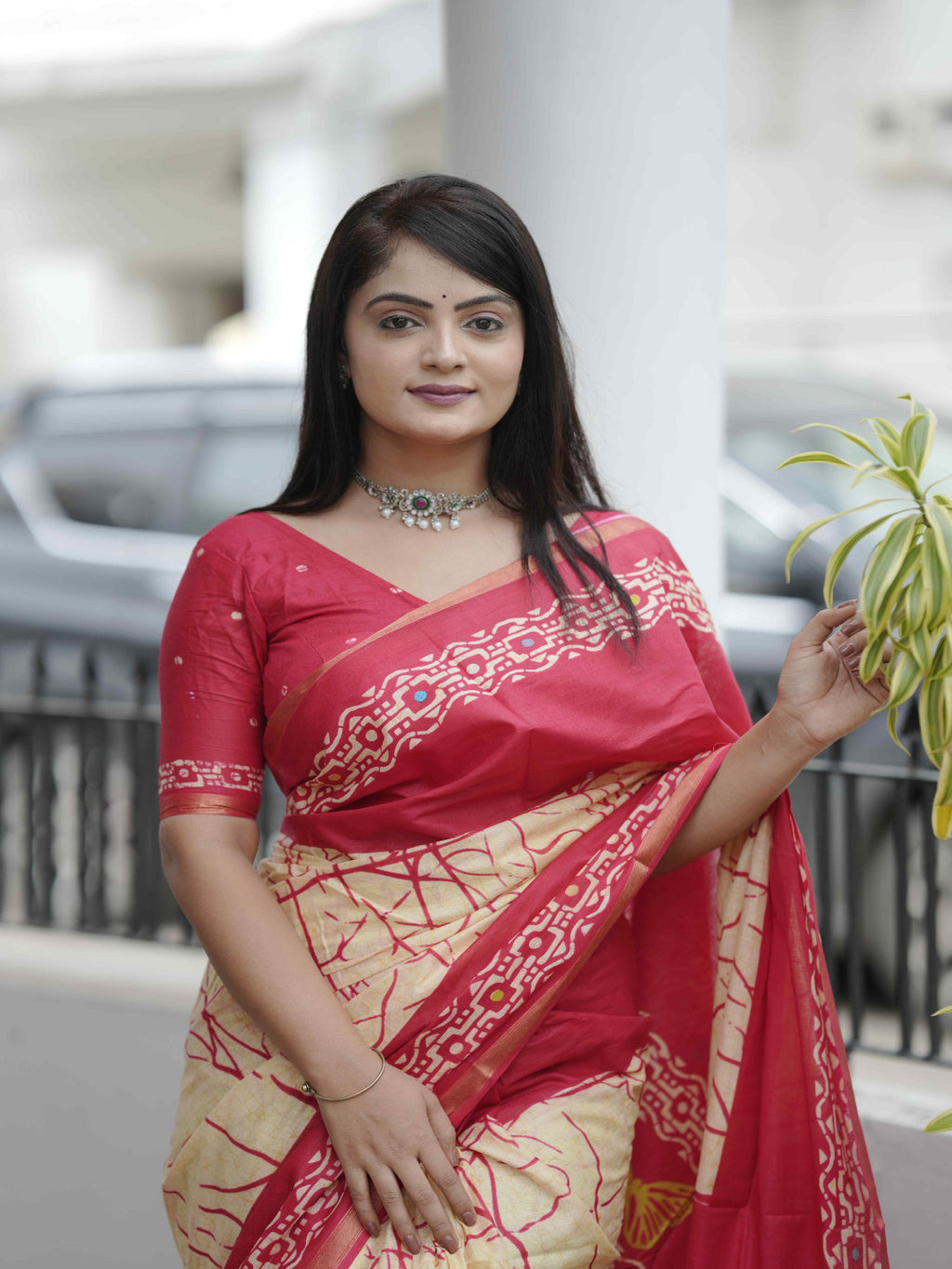 Crimson Hand-Block Chander Red colour cotton saree