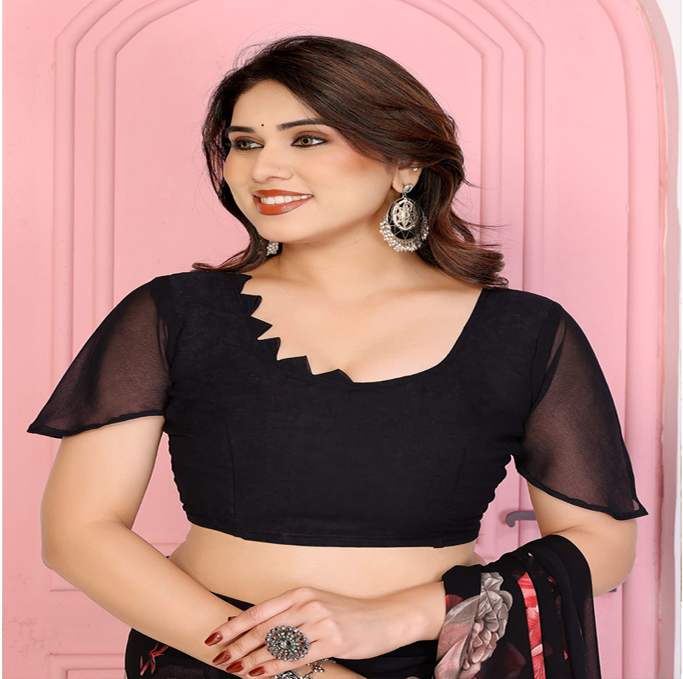Elegant Black Floral Printed Chiffon Saree with Flower Design – Stylish Party & Casual Wear