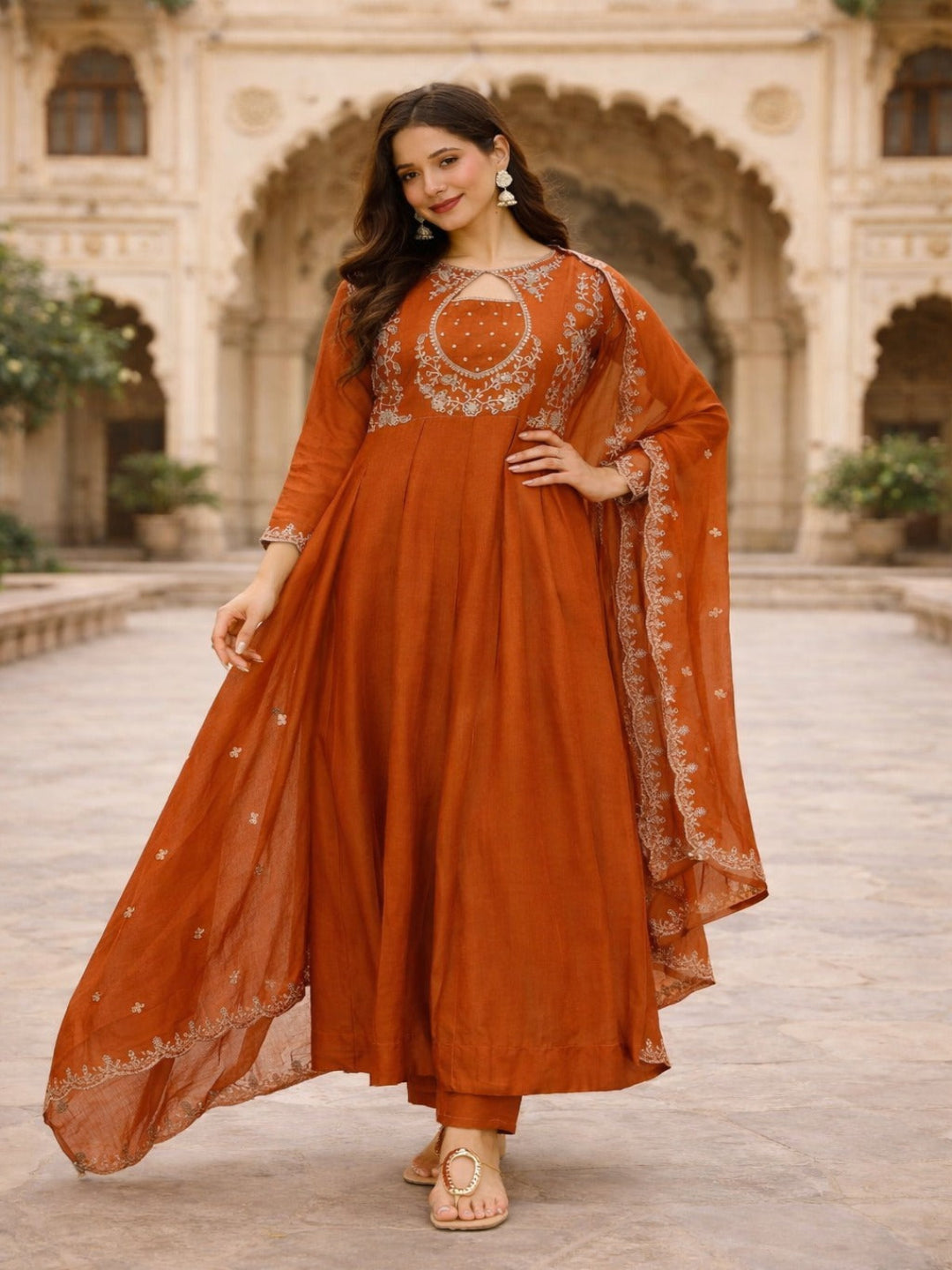Orange Rust Embroidered Anarkali Kurta & Pant Set With Dupatta