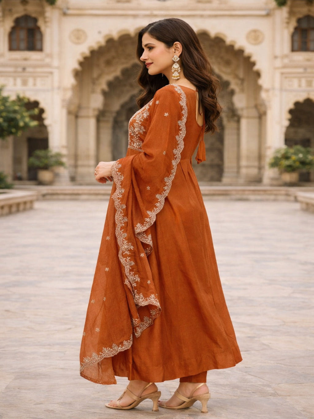 Orange Rust Embroidered Anarkali Kurta & Pant Set With Dupatta