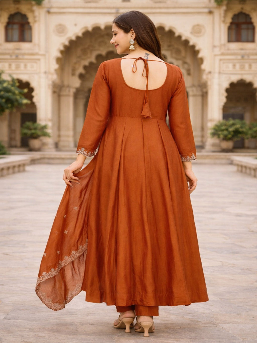 Orange Rust Embroidered Anarkali Kurta & Pant Set With Dupatta
