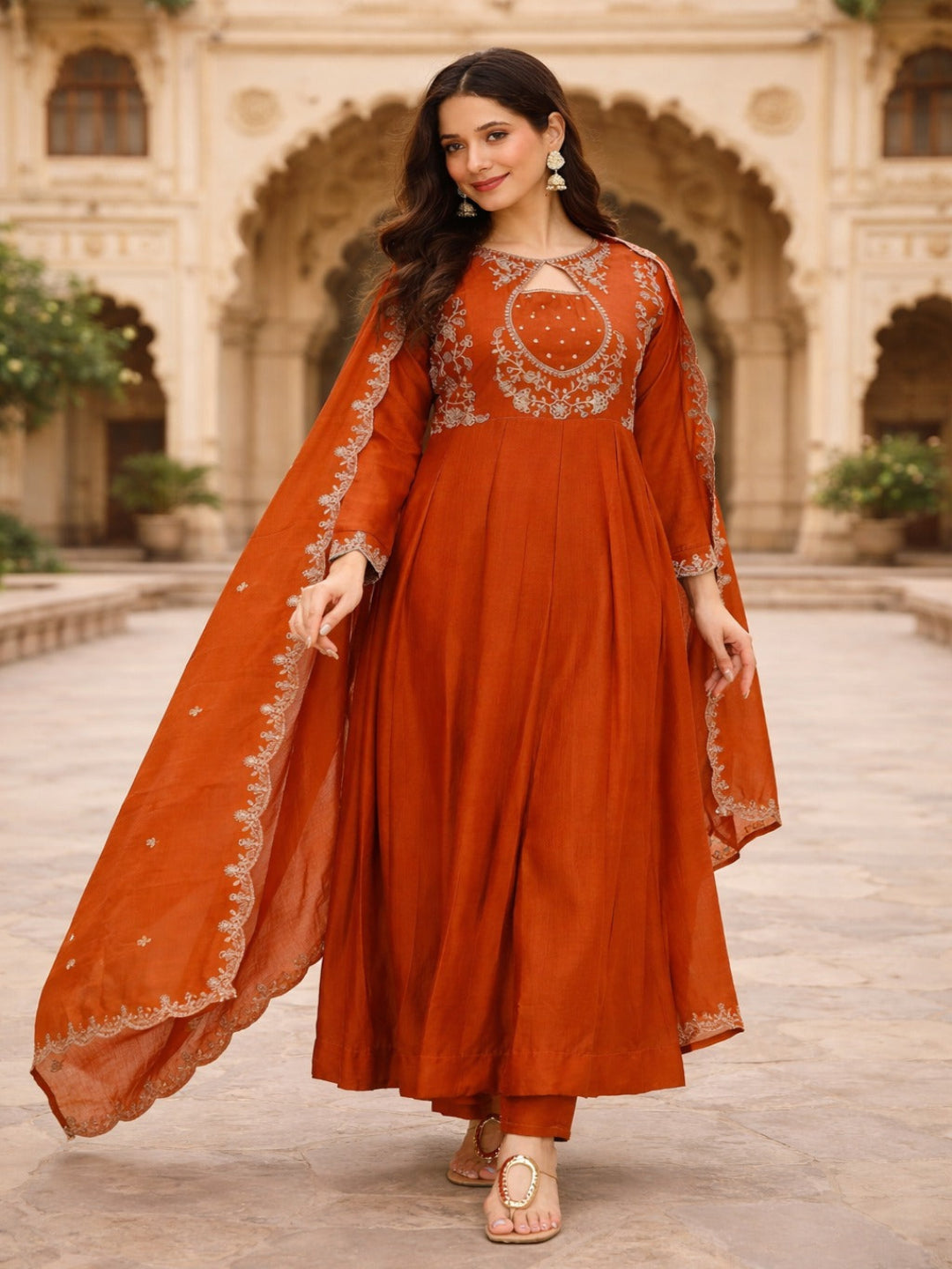 Orange Rust Embroidered Anarkali Kurta & Pant Set With Dupatta