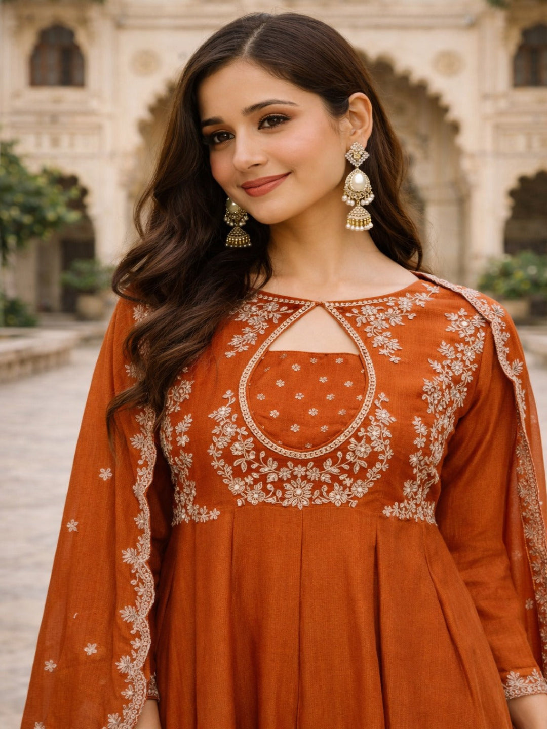 Orange Rust Embroidered Anarkali Kurta & Pant Set With Dupatta