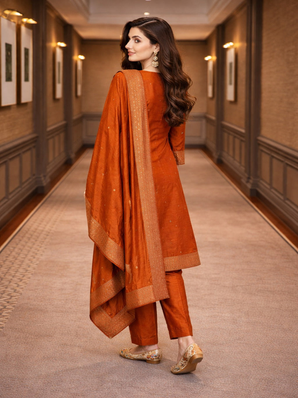 Golden Zari Woven Silk kurta Set with dupatta