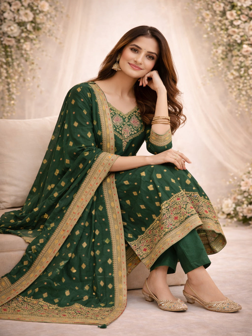 Golden Zari Woven Silk kurta Set with dupatta