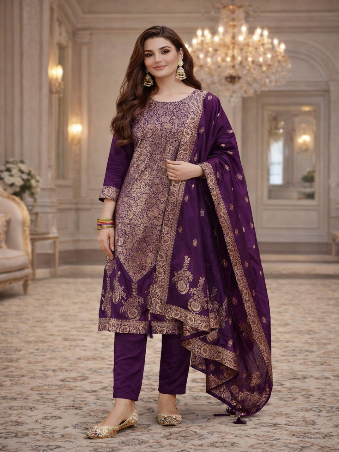 Golden Zari Woven Silk kurta Set with dupatta