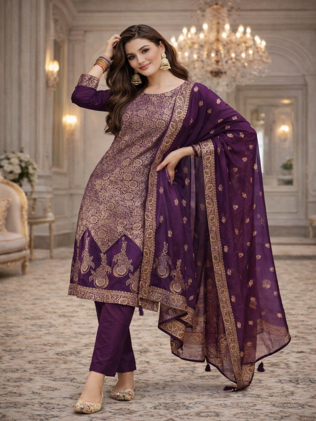 Golden Zari Woven Silk kurta Set with dupatta