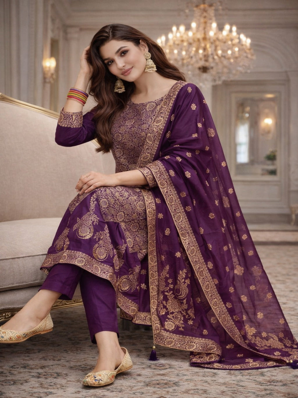 Golden Zari Woven Silk kurta Set with dupatta