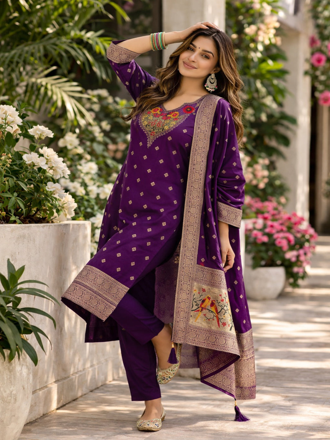 Golden Zari Woven Silk kurta Set with dupatta