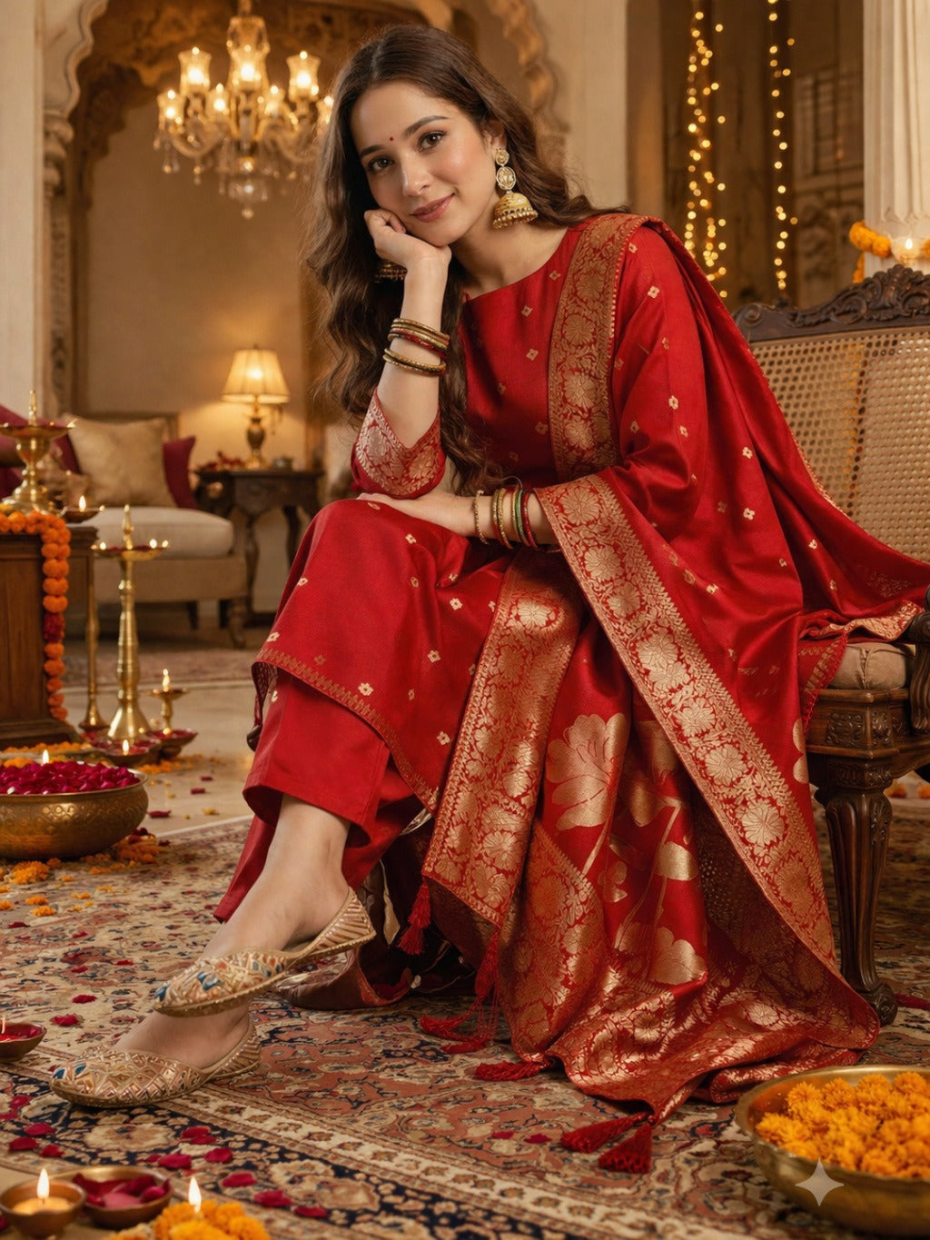 Golden Zari Woven Silk kurta Set with dupatta