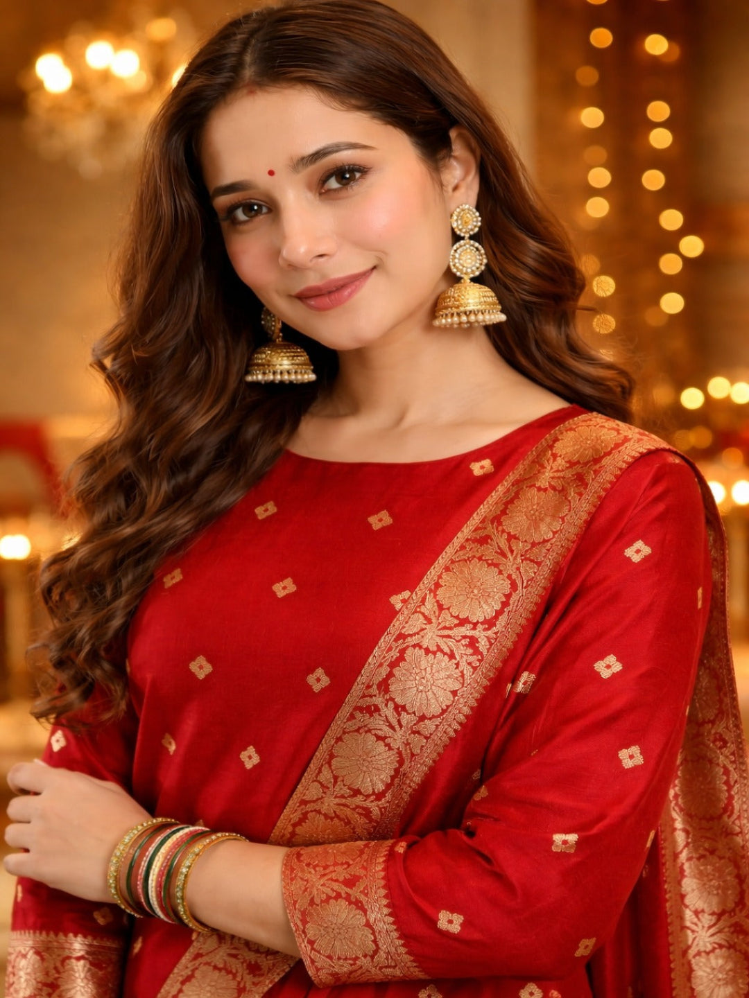 Golden Zari Woven Silk kurta Set with dupatta