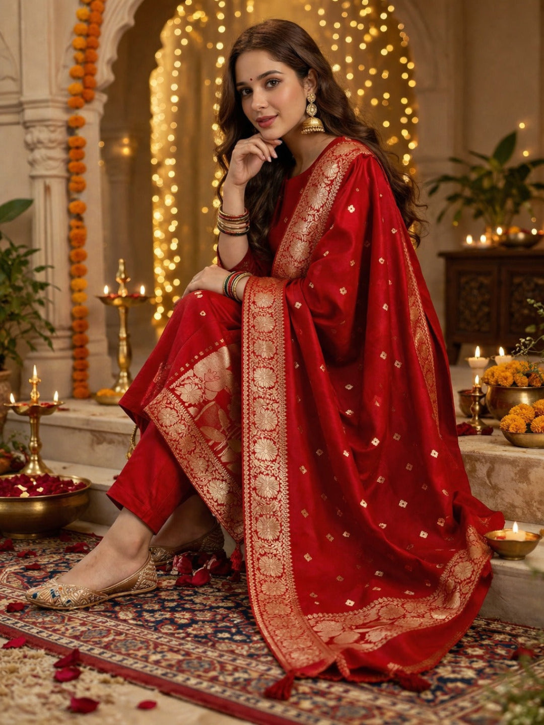 Golden Zari Woven Silk kurta Set with dupatta