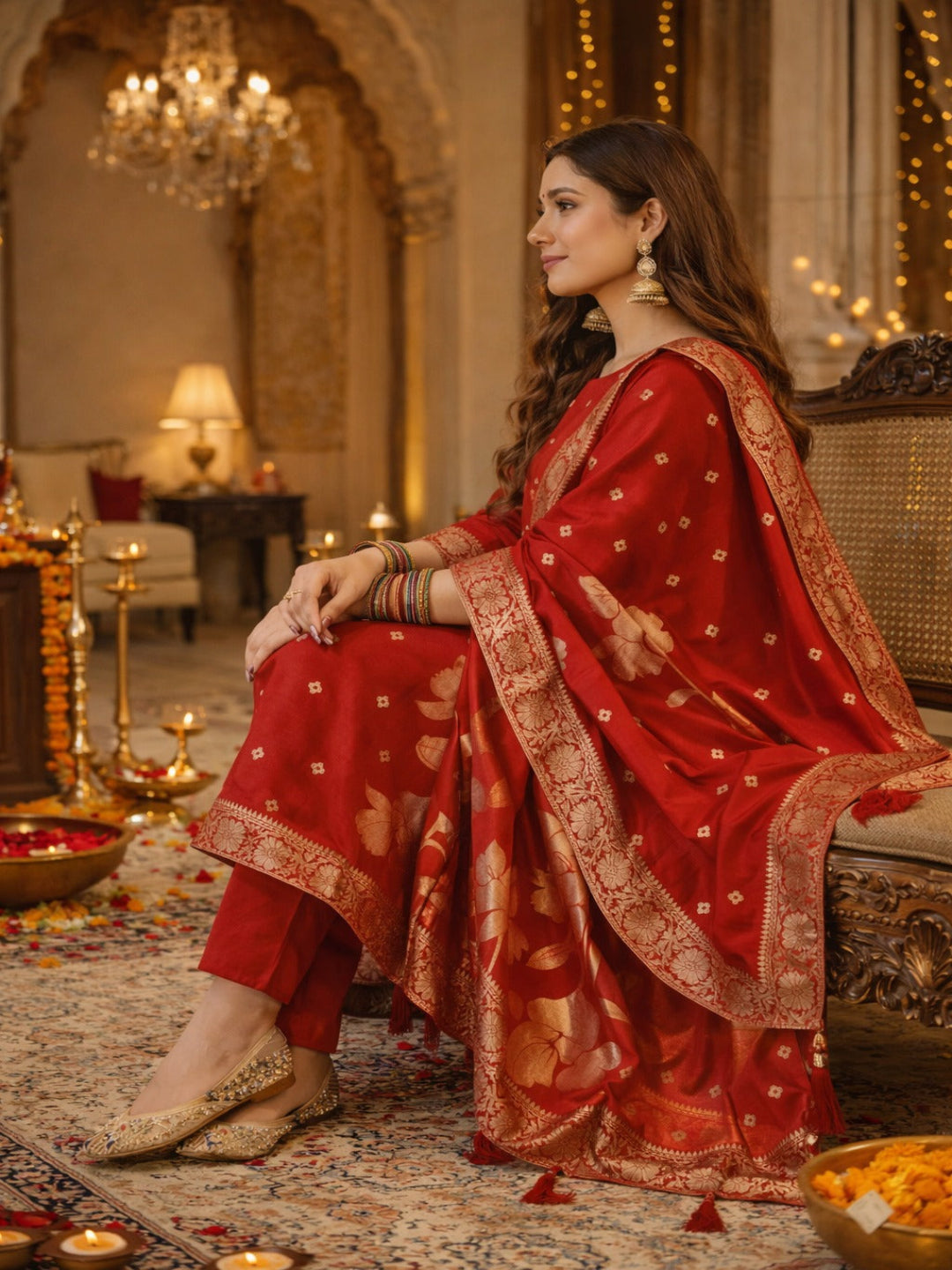 Golden Zari Woven Silk kurta Set with dupatta