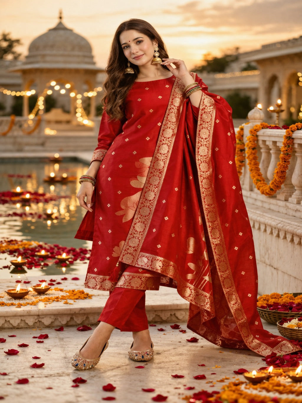 Golden Zari Woven Silk kurta Set with dupatta