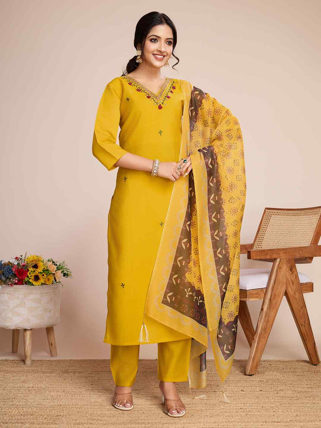 Mustard Yellow Roman Silk Embroidered Kurta Set