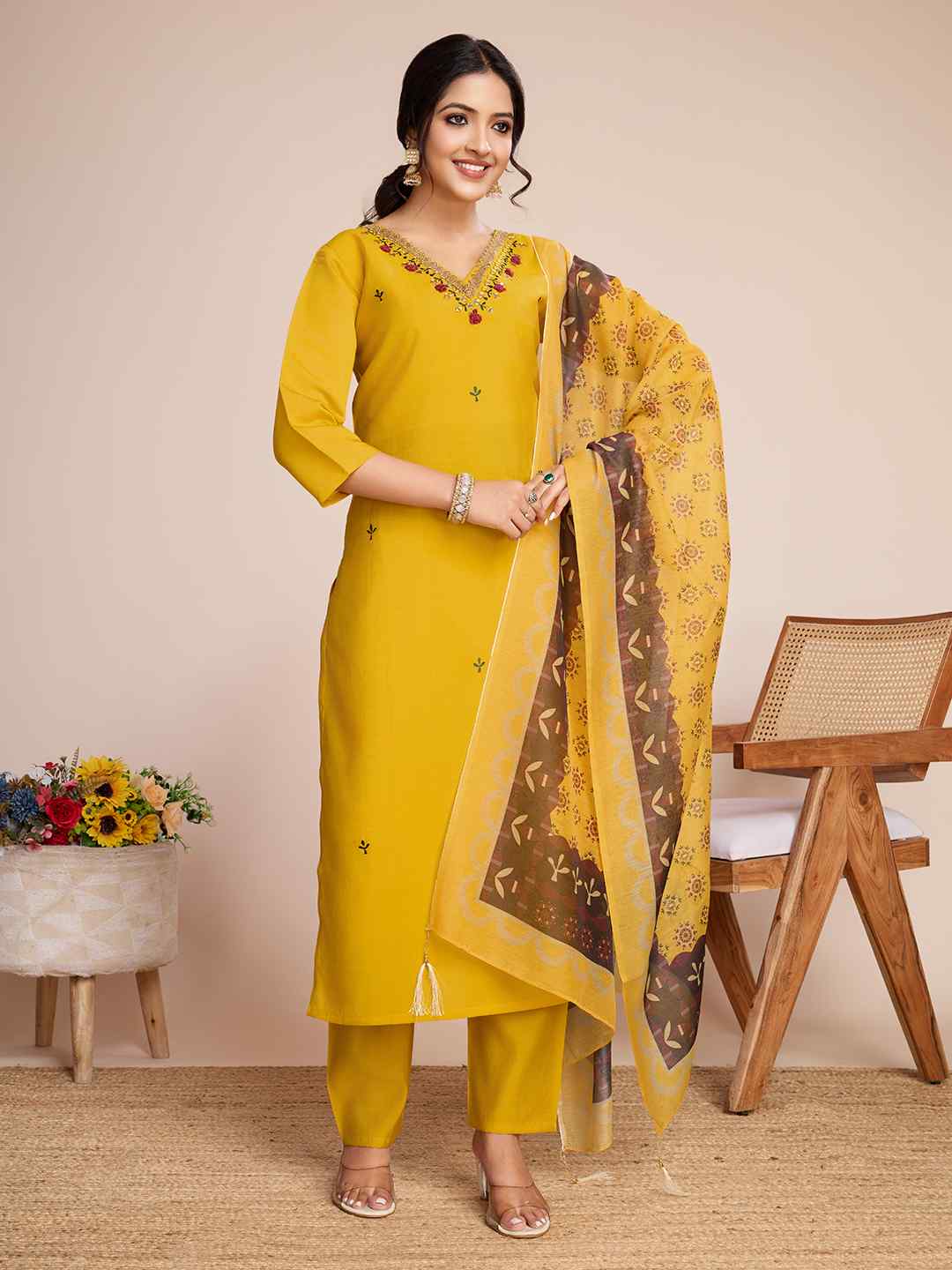 Mustard Yellow Roman Silk Embroidered Kurta Set