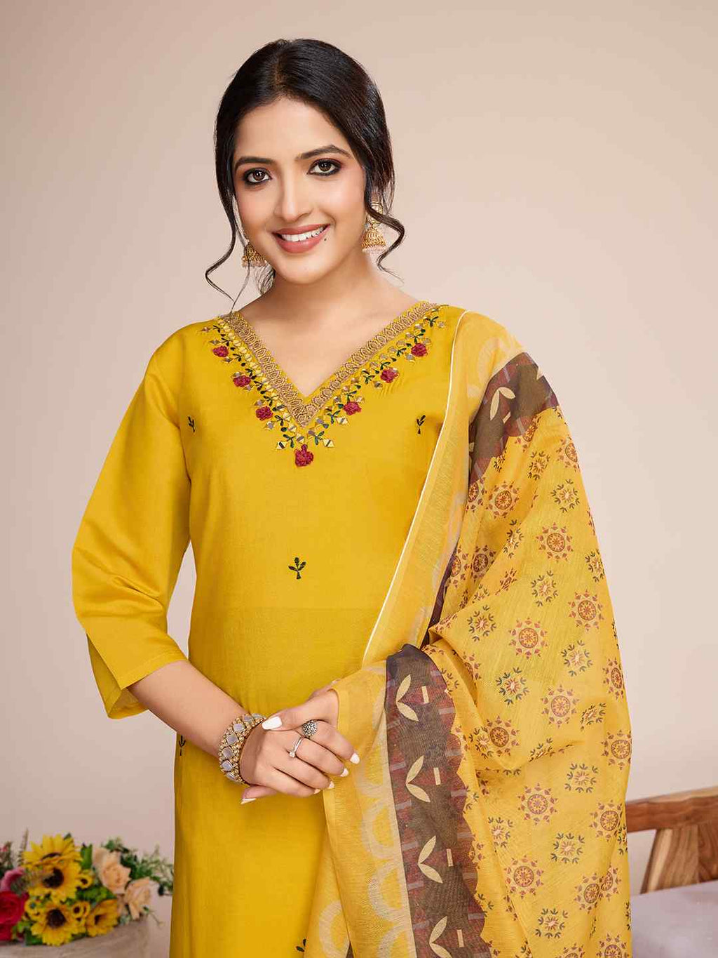 Mustard Yellow Roman Silk Embroidered Kurta Set